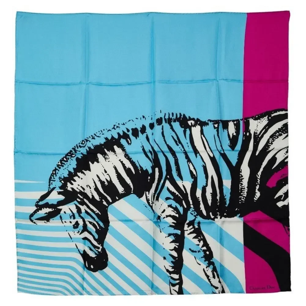 Dior Zebra Print Silk Scarf Light Blue